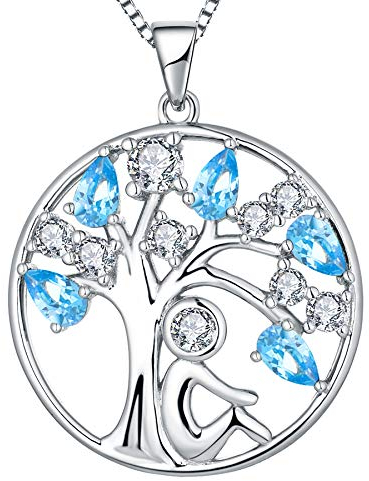 YL Tree of Life Necklace 925 Sterling Silver cut March Birthstone Aquamarine Blue Cubic Zirconia Family Tree Girl Pendant Necklace for Women,45+3CM