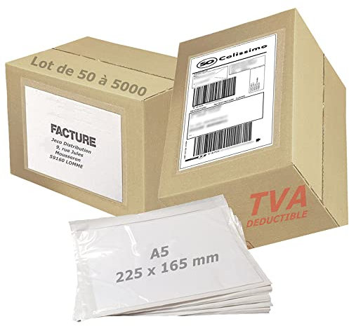 JECO - Lot de 500 Pochettes A5 porte-document adhésives transparentes, pochettes dexpéditions autocollantes 225 x 165 mm pour colis