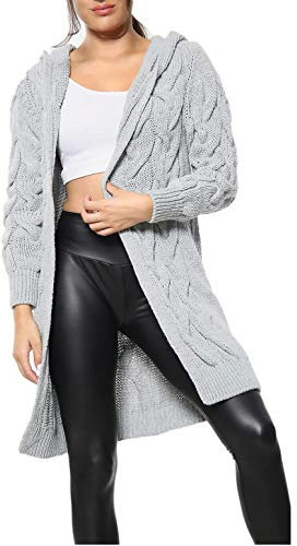 Crazy Girls Womens Chunky Knit Long Cardigan, Grey, SM (UK 8-10)