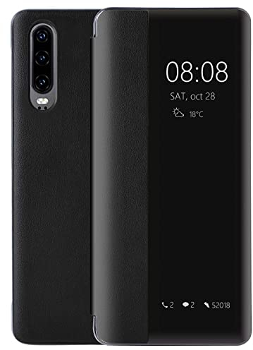 Huawei P30 Hülle,Luxus PU Leder Handyhülle, Smart View Flip Cover Schutzhülle [Intelligente Wake up-/Sleep](P30,Schwarz)