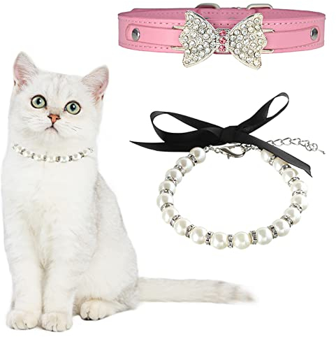 HACRAHO Hunde Halskette Halsband, 2 Stück Verstellbares Hund Leder Halsband Katzen Perlenhalsband Strass Katzen Hochzeit Halsband für Hunde Katzen Welpen, Rosa und Weiß