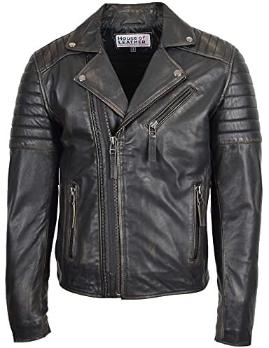 Mens Real Leather Biker Style Jacket Cross Zip Fastening Hook