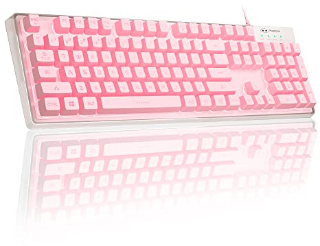 MageGee Gaming Keyboard, 7 Solid Colors Backlit Wired Gaming Keyboard with Clear Housing and Double-Shot Keycaps, K1 Waterproof Ergonomic 104 Keys Light Up Keyboard for PC Desktop Laptop, Pink