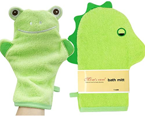Baby-Badetuch, Waschlappen, Handschuhe, niedlicher Dinosaurier- und Frosch-Badhandschuh, grün, Baby-Waschhandschuh, Geschenk für Kinder, 2 Stück