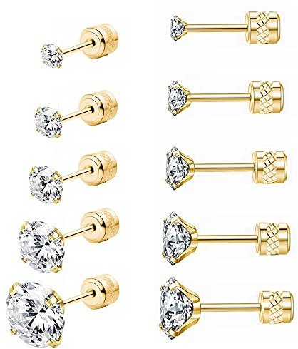 5 Pairs Stud Earrings Set,Hypoallergenic Earrings 316L Stainless Steel Double Round Cubic Zirconia Ear Ringing Jewelry for Women Men Boys & Girls 2-6mm Silver (Gold)