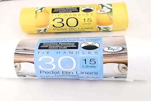 2 Tidy Strong Tie Handles 15 Litres 30 Count Each Fragranced Swing Bin Liners Drawstring Refuse Sacks Bags - 30 Citrus Lemon & 30 Fresh Linen Summer Breeze Ideal For Kitchen, bathroom (Pack of 1)