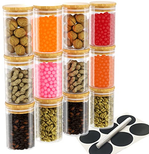 Newaner Bocaux en Verre 12 pcs, pot a epices de cuisine(300ml), Avec couvercle en bambou scellé, Livré avec autocollant et stylos pour tableau blanc, bocaux epices Pour thé, café, épices, etc.