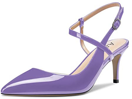 Aachcol Donna Slingback Pumps Cinturino alla Caviglia Scarpe Spillo Medio Tacco Heel Chiusa a Punta Scarpe 6.5 CM Viola Verniciata 45 EU