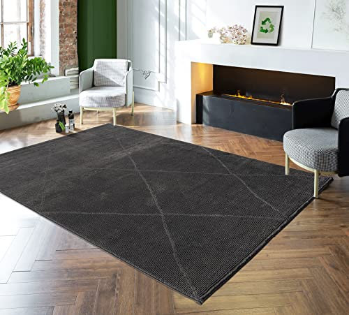 the carpet Lima nachhaltiger und umweltbewusster Designer Teppich, weich & pflegeleicht, 3D-Effekt, waschbar, Flor aus 100% recyceltem Polyester, Raute, Anthrazit, 120 x 170 cm