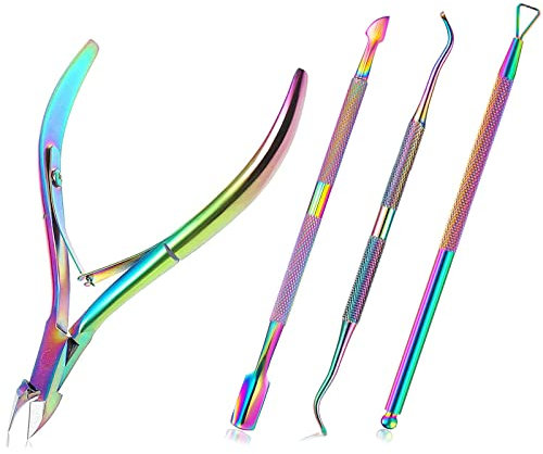 Coupe-cuticules,Pinces à Cuticules,4 Pièces Trousse d'entretien des Cuticules avec Poussoir à Envies et Fourchette Repousser Cuticule, Rainbow Acier Inoxydable Manucure Pédicure Outils.