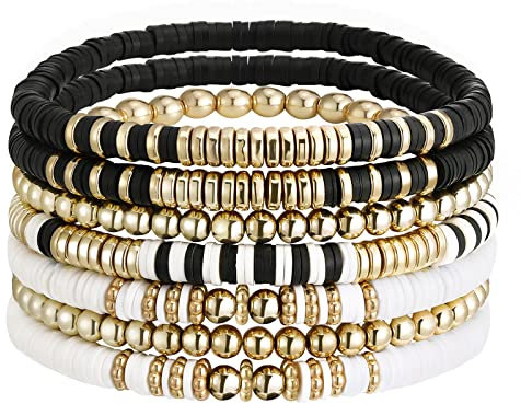 Emibele Heishi Surfer Armbänder Set, 7 Stück Stapelbar Armbänder Ton Disc Perlen Polymer Elastisches Seil Armband Set, Boho Perlen Armband Sommer Strand Armband Schmuck für Frauen Mädchen