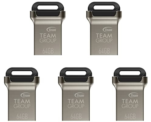TEAMGROUP C162 64GB 5 Pack USB 3.2 Gen 1 USB 3.1/3.0 Mini Fits Metal Read 100MB/s Flash Thumb Drive External Data Storage Memory Stick Compatible with Computer/Laptop Black TC162364GB21
