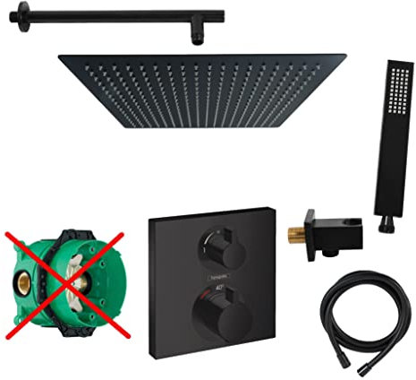 vanvilla Duschsystem mit Unterputz Thermostat Duscharmatur von Hansgrohe OHNE iBox mit vanvilla Regendusche mit Armatur mit Thermostat, Duschkopf eckig schwarz matt beschichtet SET HGS03-XL-ob