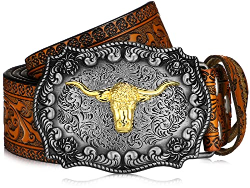 Jadive Herren Gürtel Western Cowboy Bull Leder Gürtel Schnalle mit Blumen Gravur (Kamel, 43 Zoll)