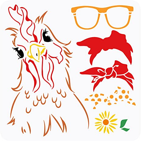 FINGERINSPIRE Malschablone Mit Huhn Lady 30x30cm Ausgehöhltes Hahn Muster Zeichenschablone Fliege Brillenrahmen Blumen Bastelschablone Für Segeltuchtasche, T Shirt, Mauer, Fliesen Dekor