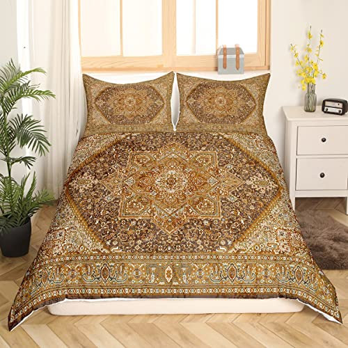 Weinlese Bettwäsche 220x240 Terrakotta Persische Bettbezug,Retro Böhmische Bett Set Oriental Medaillon Bettwäsche Set mit 2 Kissenbezüge,Tribal Paisley Ästhetische Zimmer Dekor für Frauen Mädchen