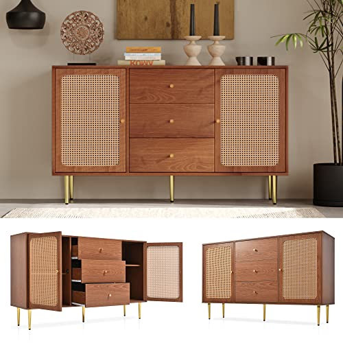 ZYLOYAL10 Schubladenkommode Kommode, Rattan Sideboard Highboard für Schlafzimmer & alle Wohnräume, für Wohnzimmer Schlafzimmer,Nussbaum (2 Türen und 3 Schubladen-H90/B150/T40 cm)