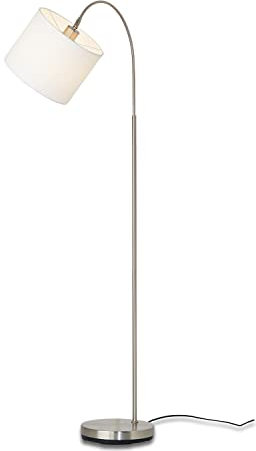 KHG Bogenleuchte mit schwenkbarem Stoffschirm in weiß, Stehlampe mit E27 Fassung mit Leuchtmittel, Standleuchte aus Metall mit hochwertiger Nickel lackierung, Lampe mit Fußtretschalter