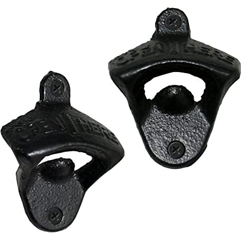 Set of 2 Soda Beer Bottle Openers Rustic Cast Iron Wall Mount Beer Cap Remover Black Bar Accessory Indoor Outdoor