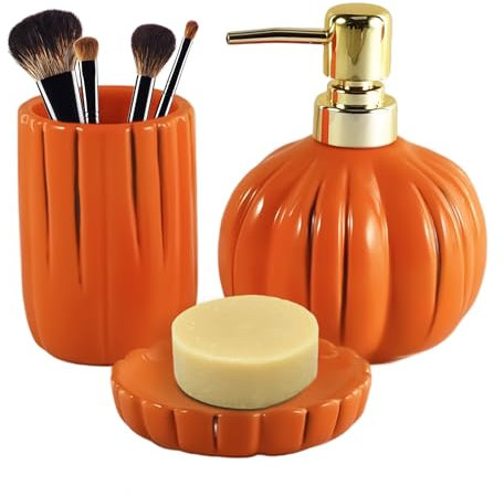 Kürbis Badezimmer Set, 3PC Keramik Badezimmer Zubehör - Zahnbürstenhalter, Seifenspender, Seifenschale, lustige Badezimmer Deko, Badezimmer Organizer