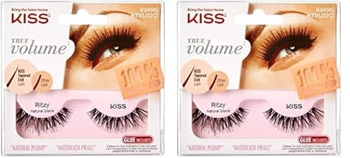 KISS True Volume Collection - 1 par de pestañas postizas, Ritzy, 100% pelo natural, con tecnología de extremo cónico, incluye pegamento para pestañas (Paquete de 2)