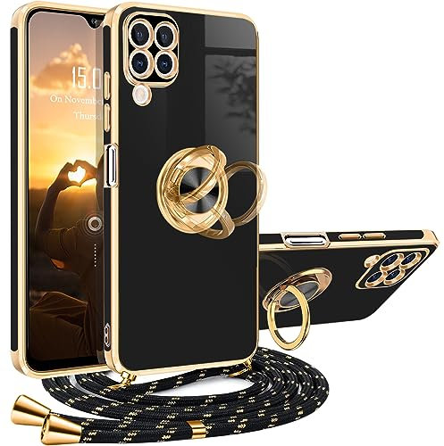 XCYYOO Handykette Hülle für Samsung Galaxy A12 mit Band, Handyhülle Samsung Galaxy A12 mit Kette Luxuriös Galvanisierte Kratzfest Schutzhülle zum umhängen Silikon Stoßfest Case mit Ring Ständer