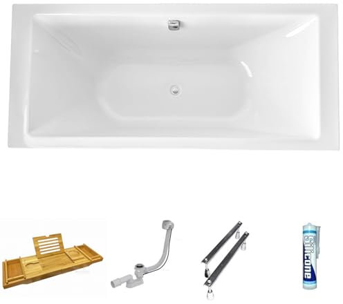 ECOLAM Baignoire rectangulaire en acrylique TAMI 200x90 cm | Planche en Bambou | pieds siphon silicone | baignoire pour deux personnes