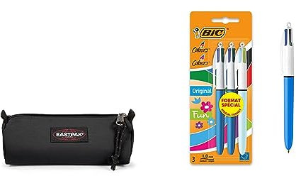 EASTPAK Benchmark Single Trousse, 21 cm, Noir (Black) & BIC 4 Couleurs Original et BIC 4 Couleurs Fun Stylos-Bille Rétractables à Pointes Moyennes (1,0 mm) - Blister Format Spécial de 3