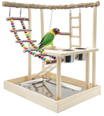 Hamiledyi Bird Playground Parrots Wood Perch Stand Cockatiel Playground Bird Play Gym Colours Climb Ladders Swing Chewing Toys with Parakeet Feeding Cups Exercise Activity Center for Lovebirds Conure