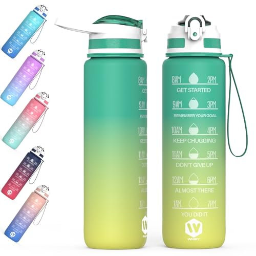 WHIPY 1L Water Bottle with Straw - Leak-Proof & BPA Free Reusable Sports Bottle - Motivational Time Markings for Hydration Durable Drink Bottle for Gym, Sports, Outdoor, Cycling (Green & Yellow)