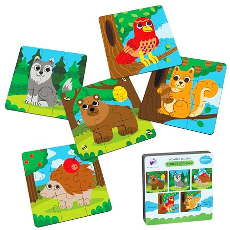 ACTIVE PUZZLES Holzpuzzle Waldtiere mit verschiedenen Motiven 10 x 10 cm 45 Teile, Mehrfarbig
