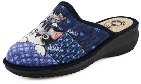 JOMIX Pantoufles Maison Femme Seniors Orthopédique Antidérapantes Mule Sabot bout Fermé Semelle Compensée Légère Chaussons Hiver Chauds et Confortables Motif Chat TD9206 Bleu 38