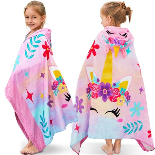 Joiedomi Einhorn Badeponcho Kinder Strandtuch Kinder127 x 77 cm Bade-Poncho-Kinder - Weiches Baumwoll-Badetuch für Kinder von 3-10 Jahren- saugfähiges Handtuch