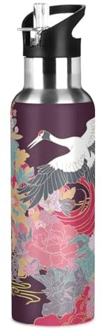 Wzzzsun Fleur De Grue Vintage Japonaise Isotherme Bouteille d'eau avec Paille, Gourde Sport en Acier Inoxydable 600ML Gourdes sans BPA pour Enfant Garçon Fille École Bureau