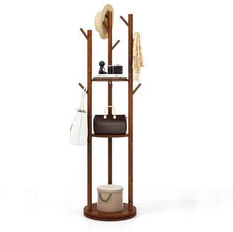 COSTWAY Porte Manteaux sur Pieds Rotatif en Bois, 9 Crochets, 3 Etagères, 9 Crochets, Portant à Vêtement 167 CM pour Entrée, Couloir, Chambre, Base Ronde