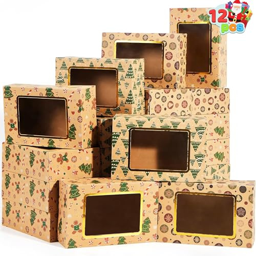 JOYIN 12 Stück folierte Weihnachts-Plätzchenboxen mit Fenster, Leckerli-Boxen für Donut und Kekse, braune Kraft-Bäcker-Boxen mit 3 Designs, Weihnachts-Plätzchen-Geschenk-Backbox, für Gebäck, Cupcakes
