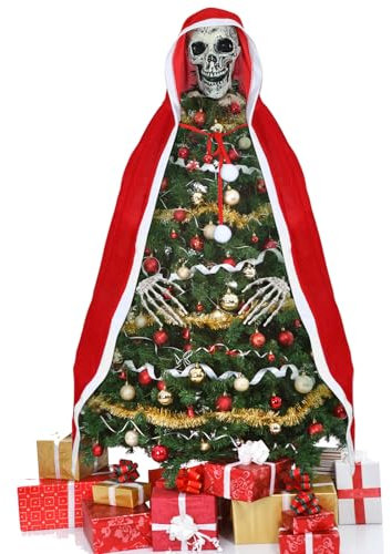 Cozypower Totenkopf-Weihnachtsbaumspitze, Gothic-Schädelkopf, Weihnachtsbaumschmuck, gruselige Totenkopf-Hände, roter Umhang für Weihnachtsbaumdekoration, Partyzubehör