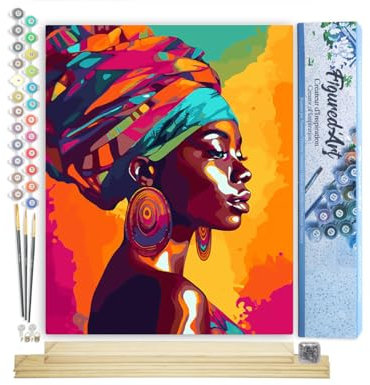 Figured'Art Peinture par Numéro Adulte avec Cadre Dame africaine lumineuse - Activité Manuelle Kit de Loisir Créatif DIY Numéro d'Art Complet - 40x50cm avec châssis en bois à monter