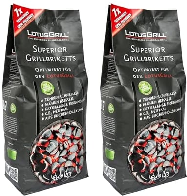 2 briquetas LotusGrill Superior para barbacoa de 3 kg de carbón de haya, CO2 neutro, encendido rápido, duración de combustión de hasta 3 horas, con parrilla clásica, de carbón de haya, muy poco humo,