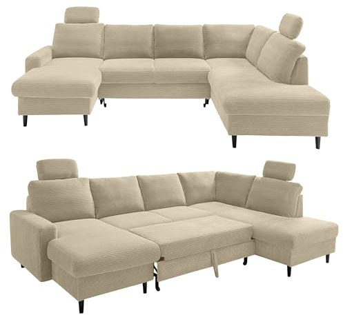 Cord Wohnlandschaft U-Form B305/T200/H88 cm, Sofa mit Schlaffunktion und Bettkasten, Wellenunterfederung, Liegefläche ausziehbar 116x251 cm, 2 Kopfstützen, Bezug in Beige Grau / 17205