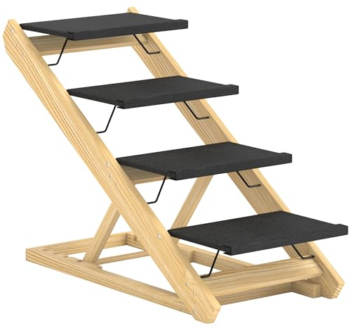 PawHut 2 in 1 Hundetreppe 4-stufige 62,5 cm Höhenverstellbar Haustiertreppe Klappbar Hunderampe mit Rutschfester Oberfläche für Bett, Sofa, große Hunde bis 40 kg, Katze, Natur