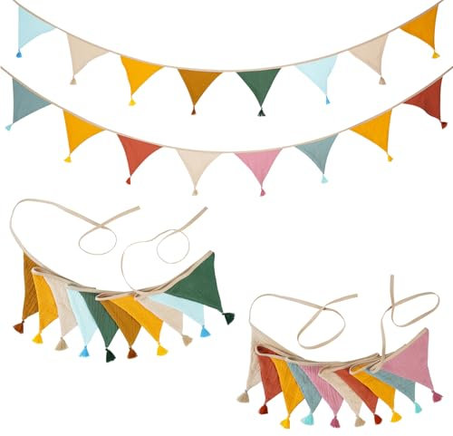 Wimpelkette, 2 Stück Kinderzimmer, Stoff Mit Quasten, Doppelseitig, Mehrfarbig Dreieck Flaggen, 3,1m Musselinstoff Girlande