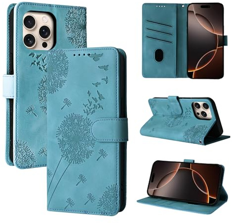 Rostsant Handyhülle für iPhone 16 Pro Löwenzahn Blau | PU Leder Flip Case Brieftasche Tasche Hülle Magnetisch Handyhülle für iPhone 16 Pro
