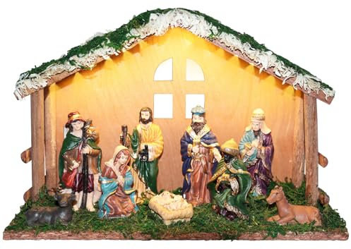 Wooden Nativity Set with Lighted, Christmas Crib Set with 9 Nativity Figures, Nativity Stable with Moss Decoration, Light Up Nativity Scene Christmas Decoration for Indoor, Living Room, Tabletop
