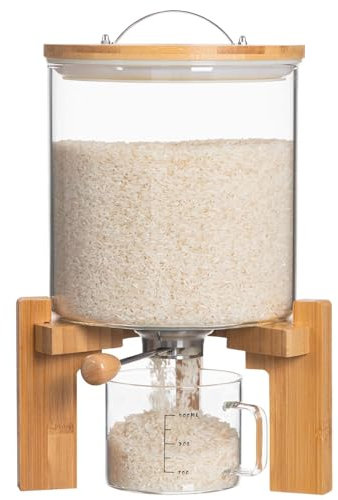 MFYDPP Distributeur de Riz en Verre hermétique, récipient à céréales avec Couvercle hermétique et Support en Bois, Seau de Rangement pour Garde-Manger et Cuisine, pour Garder Le Riz au Sec 5 L