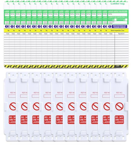 Ladder Tags - 10 Holders and 20 Ladder Inspection Tag Inserts, Weatherproof Safety Inspection Record Kit, Accident Prevention Tag Replacement Inserts Fits All Ladder Types & Other Equipment