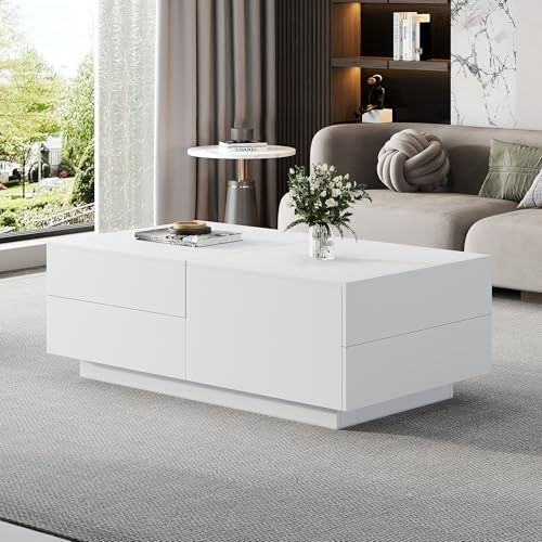 Merax Moderner Couchtisch mit verschiebbarer Tischplatte und 4 Schubladen, Kaffeetisch Wohnzimmertisch, viel Stauraum, Robustes Design für stilvolle Wohnzimmer, 90x55x45 cm