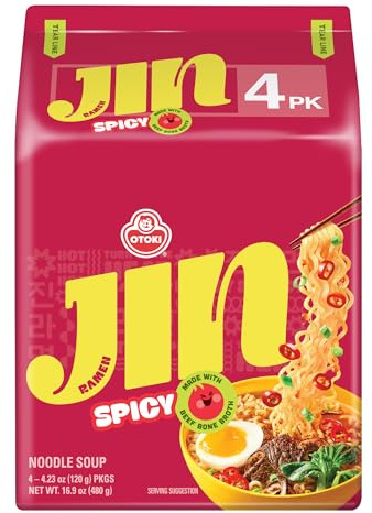 OTOKI Jin Ramen with Spicy Flavour, Authentic Korean Instant Noodles, Authentic Korean Ramen Soup Mix, Aromatic and Rich Gourmet Ramen 120g (Pack of 4)