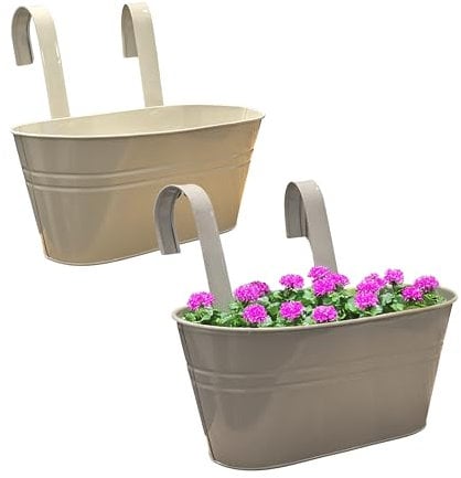 ADEPTNA Pack of 2 Hanging Metal Planters Flowerpots Handles Rust Resistant Weatherproof Balcony Fence Garden Home Decor Flowers Herbs Plants Suitable Balconies Railing Fences Window (WHITE AND GREY)