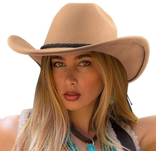 DRESHOW Cowboyhut für Damen & Herren Viehzüchter Western Fedora Filzhut Cowgirlhut mit Breite Krempe und Schnallengürtel Unisex Aufrollbare Krempe Hut